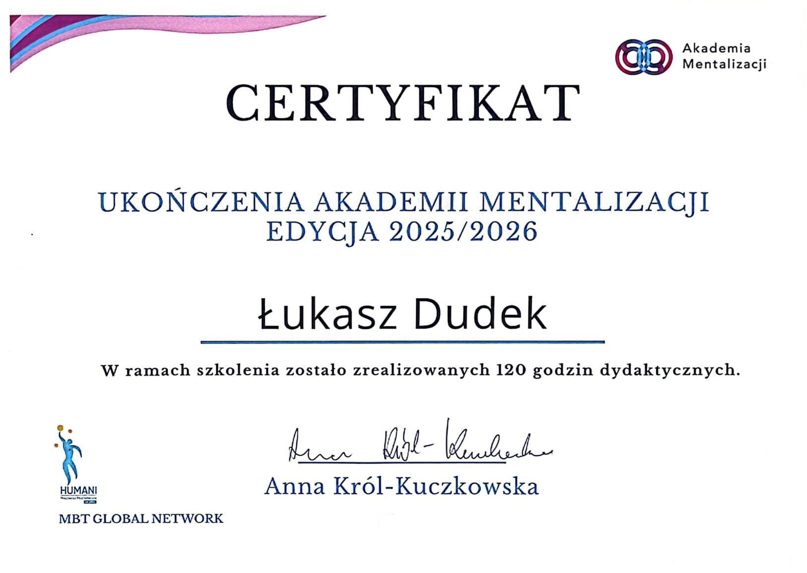 Certyfikat ukończenia Akademii Mentalizacji MBT, terapia zaburzenia osobowości